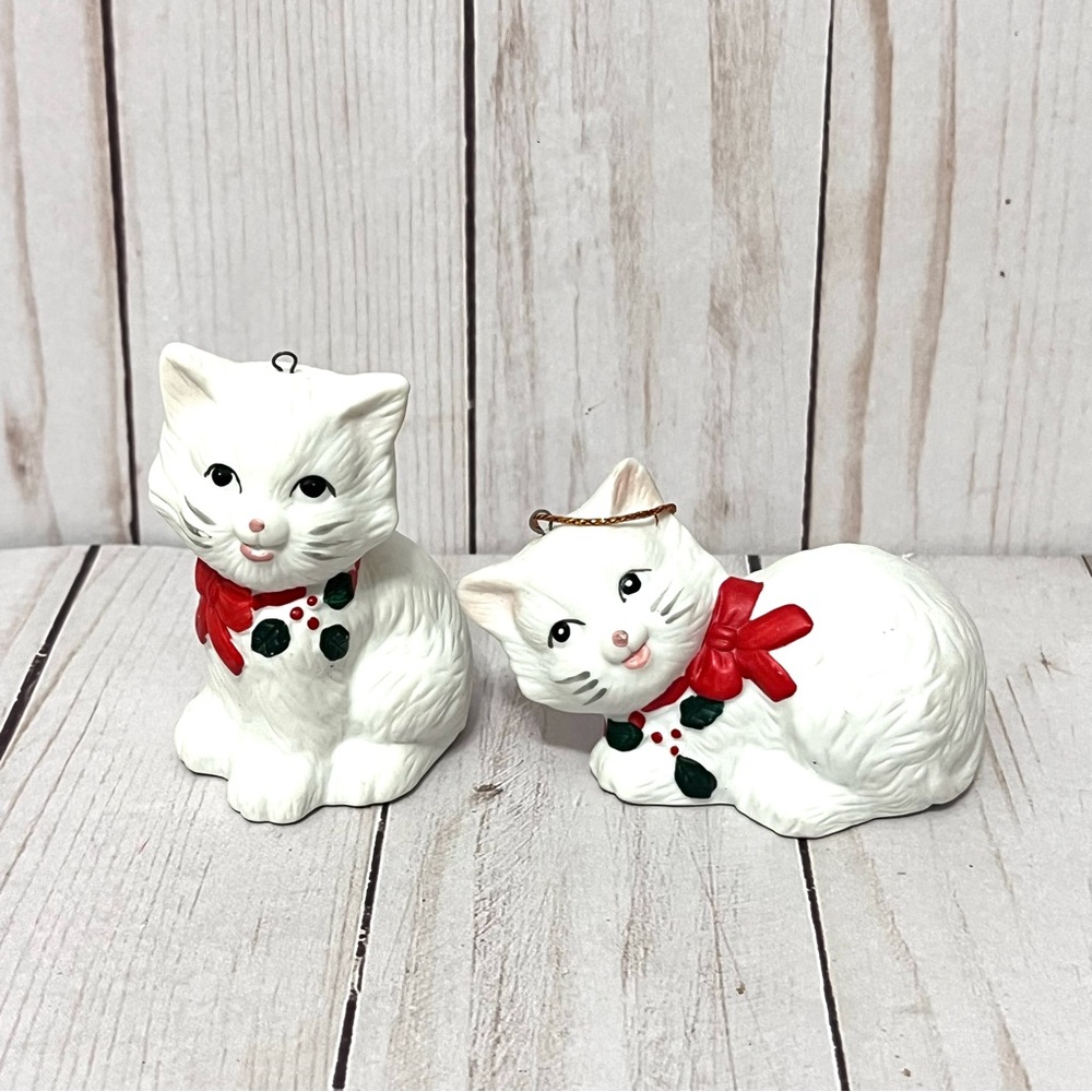 Set Of Two Vintage White Bisque Kitty Ornaments Made In The Philippines